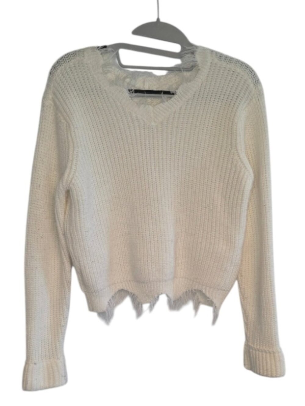 Tattered Edges Distressed Crop Top Off White Girls Sweater Cuff Sleeves Grunge